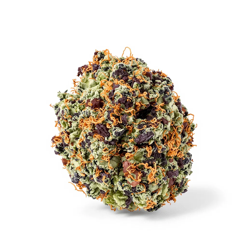 Blue Dynamite 65% indica / 35% sativa flower with visible trichomes