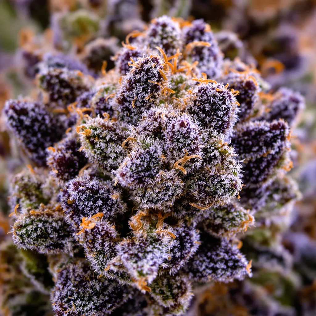 Blue Frost cannabis bud close-up showing dense purple-tinged calyxes