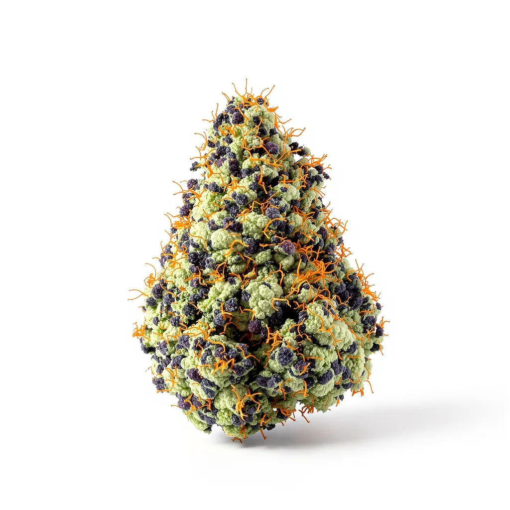 Blue Fruit 86% indica / 14% sativa flower with visible trichomes