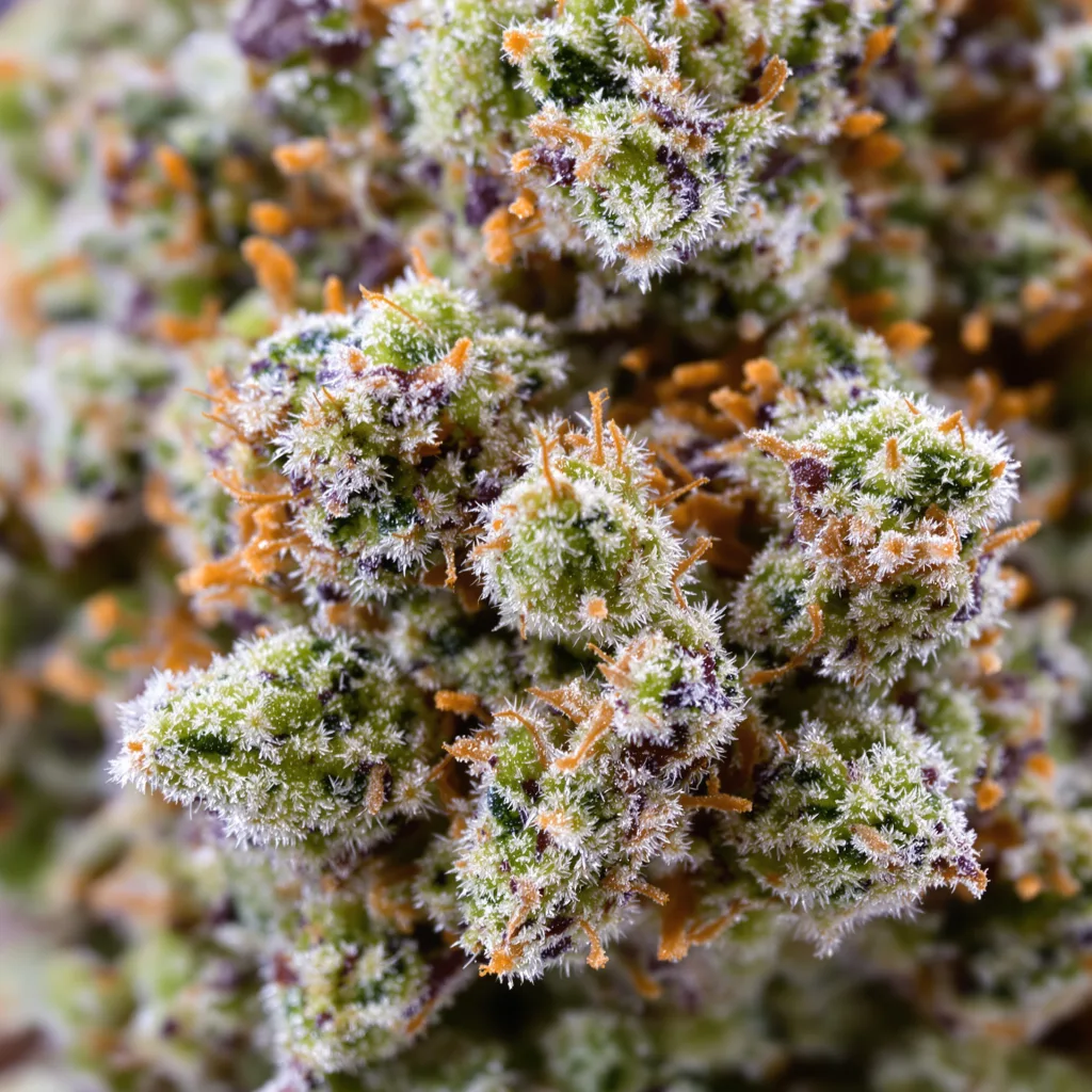 Blue Galaxy cannabis bud close-up showing open-bud structure with orange pistils