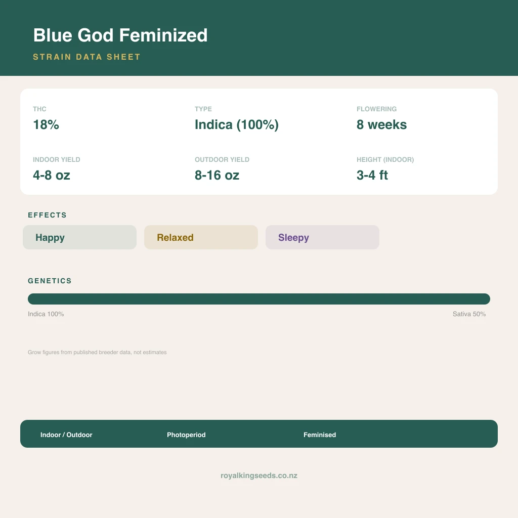 Blue God 100% indica / 50% sativa flower with visible trichomes