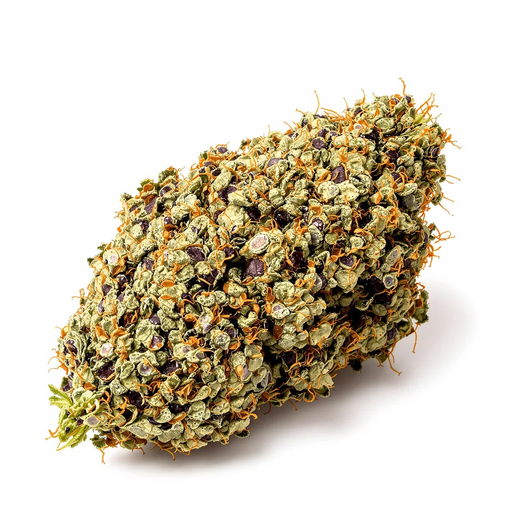 Blue God 100% indica / 50% sativa flower with visible trichomes