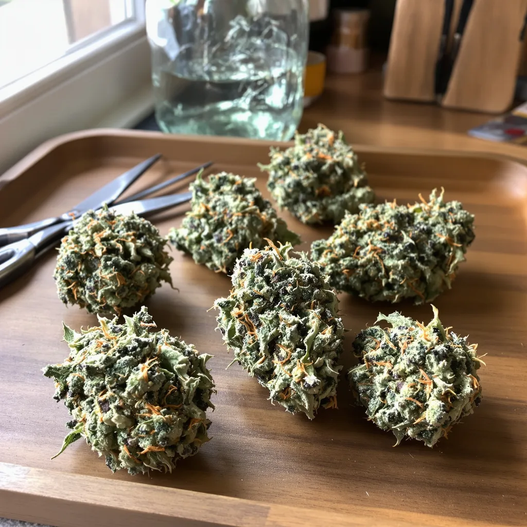Blue Goo 35% indica / 65% sativa flower with visible trichomes
