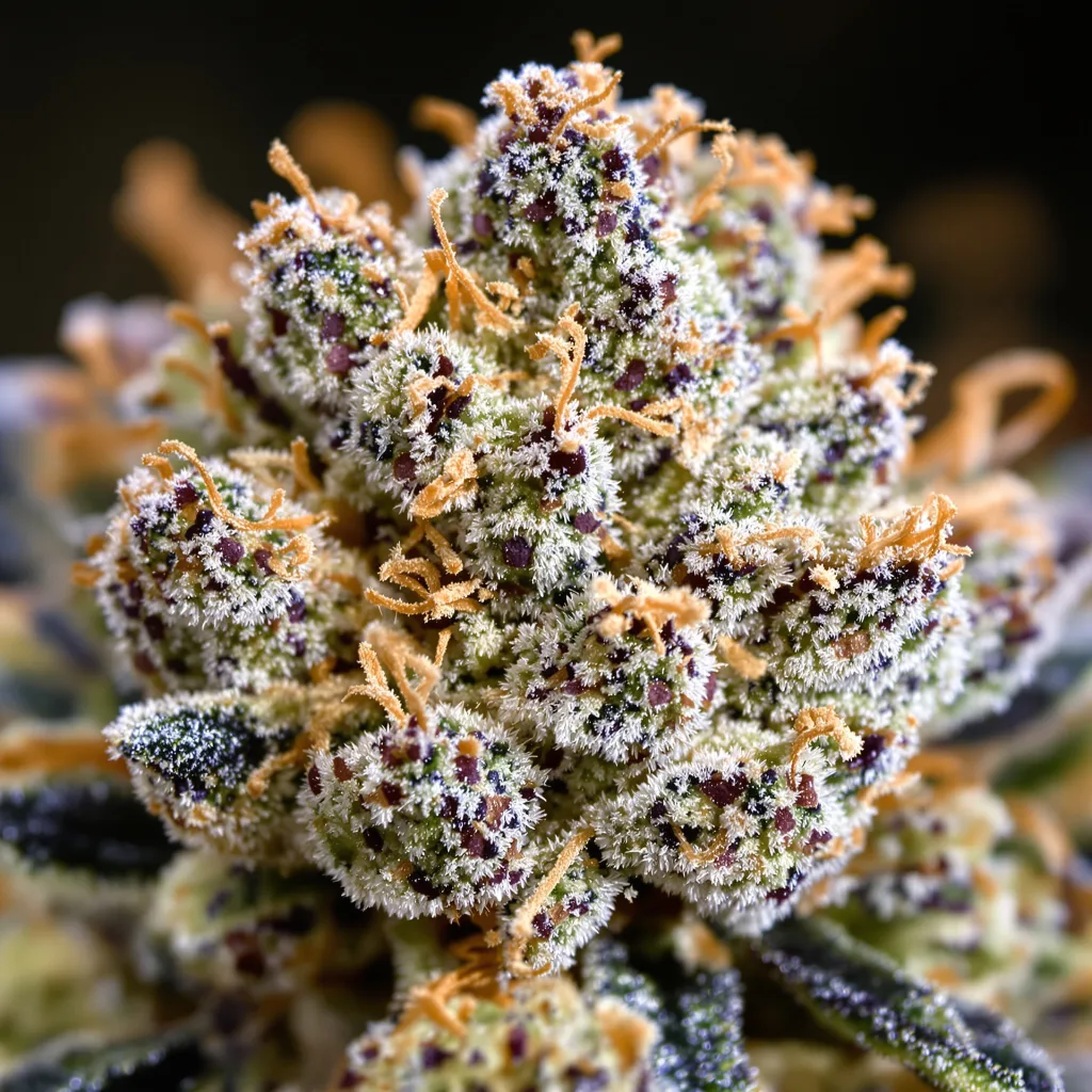 Blue Goo cannabis bud close-up showing open-bud structure with orange pistils