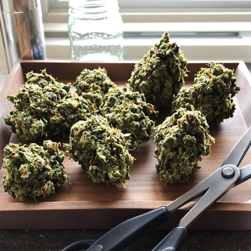 Blue Hawaiian 38% indica / 62% sativa flower with visible trichomes