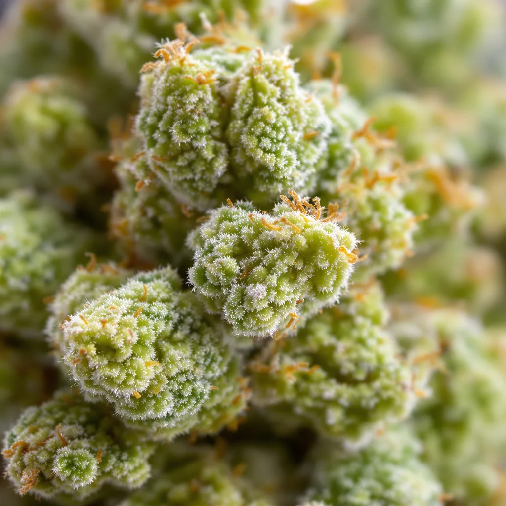 Blue Kiss cannabis bud close-up showing lime-green airy structure