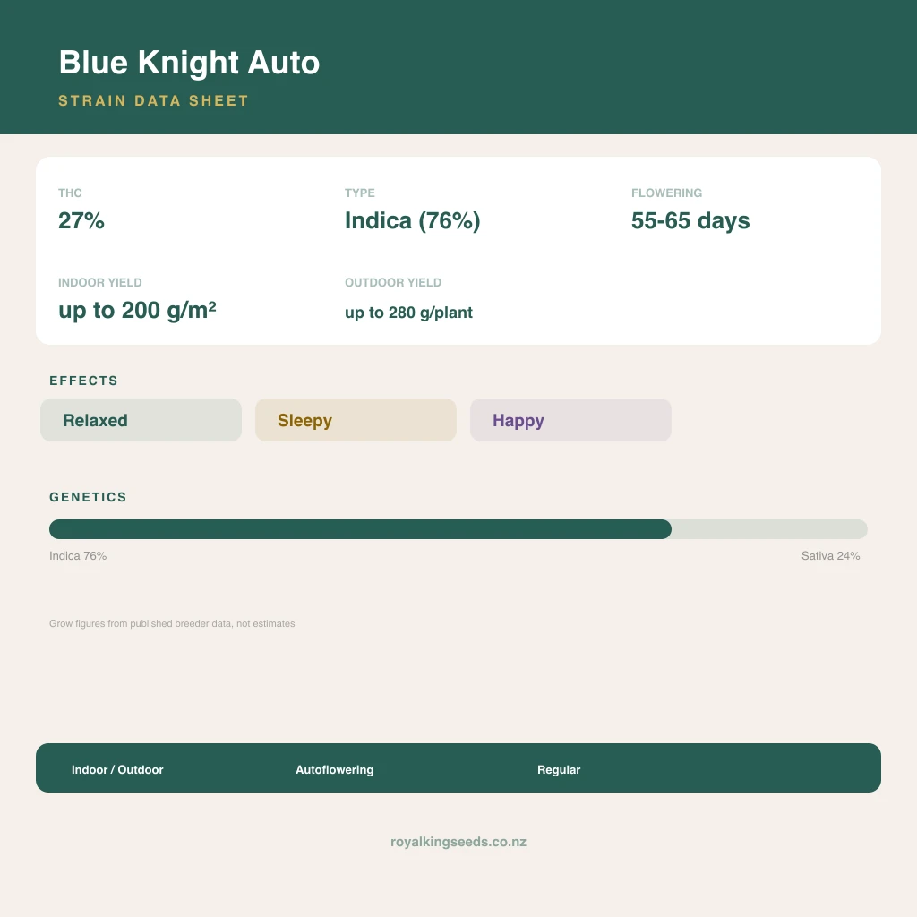 Blue Knight 76% indica / 24% sativa flower with visible trichomes