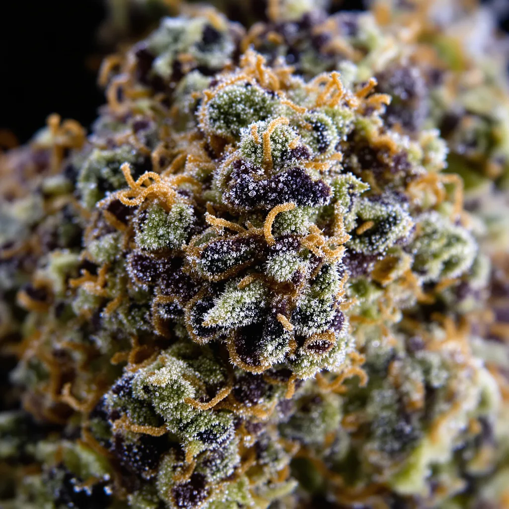 Blue Lights cannabis bud close-up showing dense purple-tinged calyxes