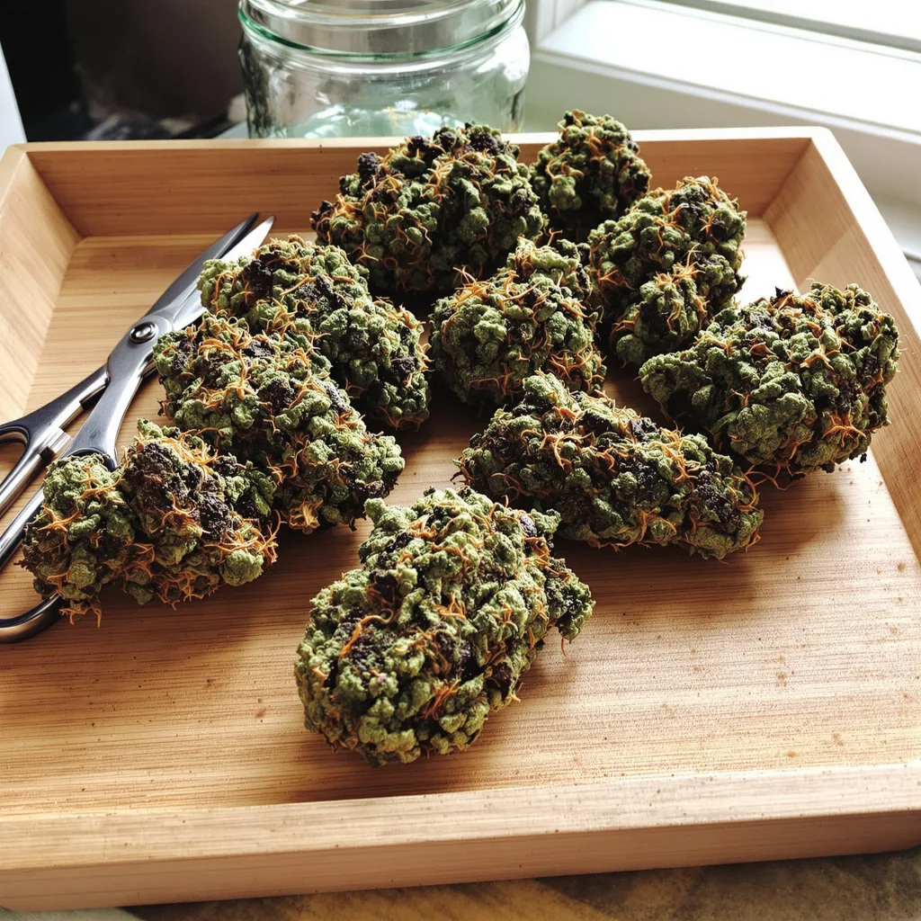 Blue Magoo 88% indica / 12% sativa flower with visible trichomes