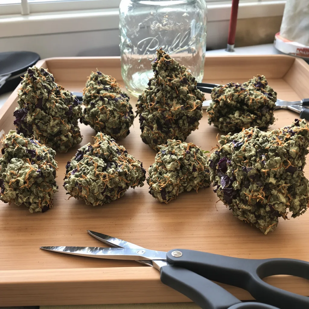 Blue Mystic 68% indica / 32% sativa flower with visible trichomes