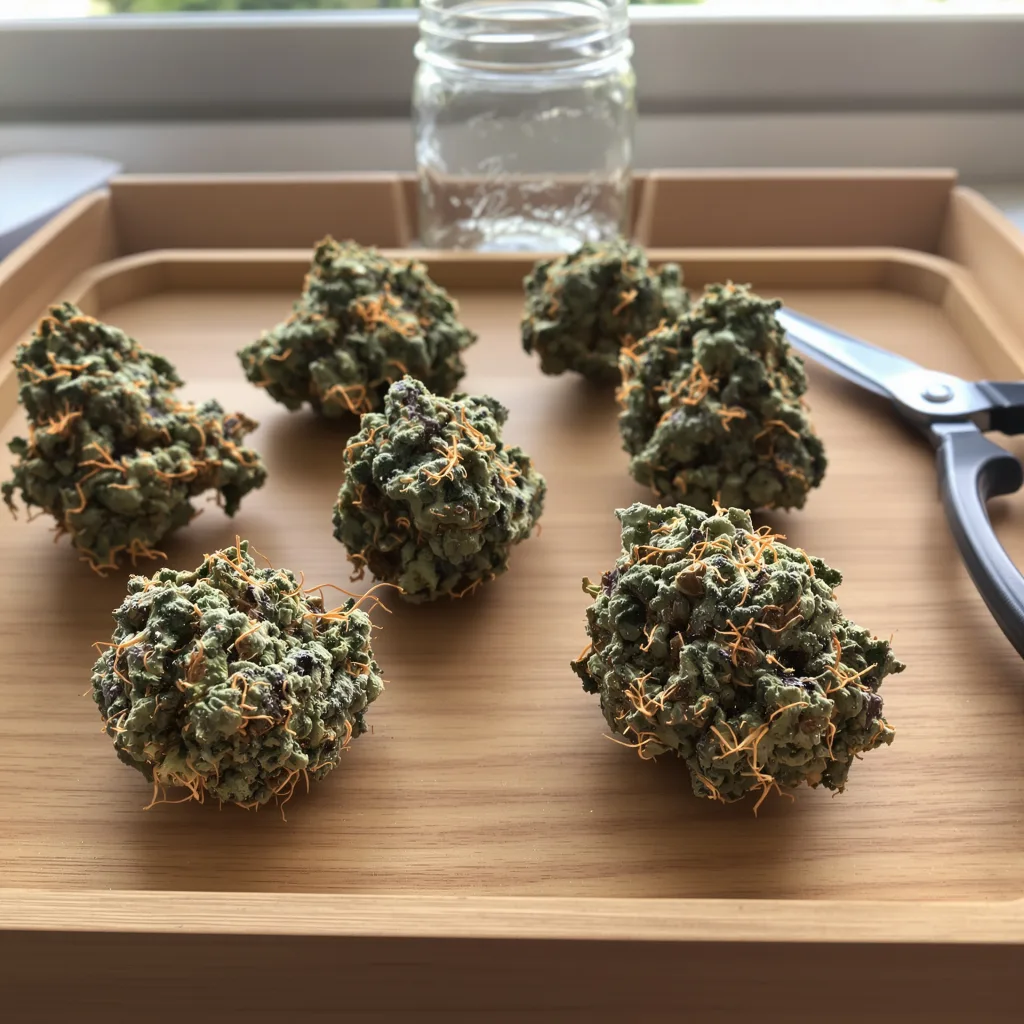Blue Persuasion 72% indica / 28% sativa flower with visible trichomes