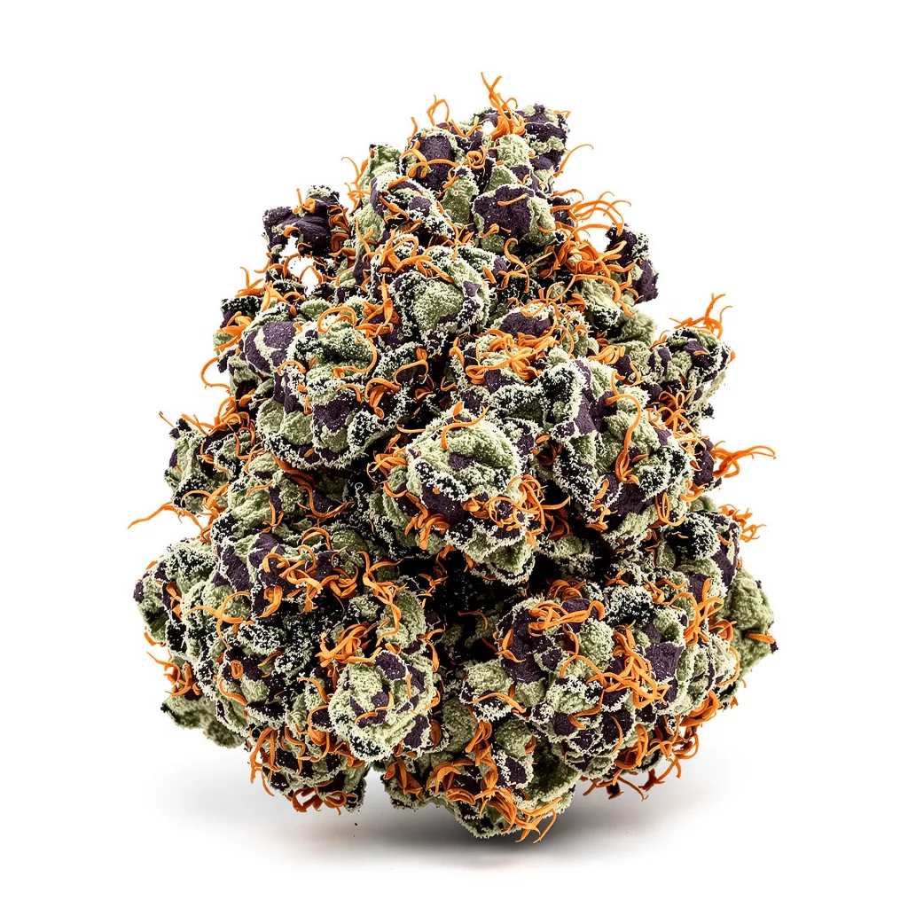Blue Widow 76% indica / 24% sativa flower with visible trichomes
