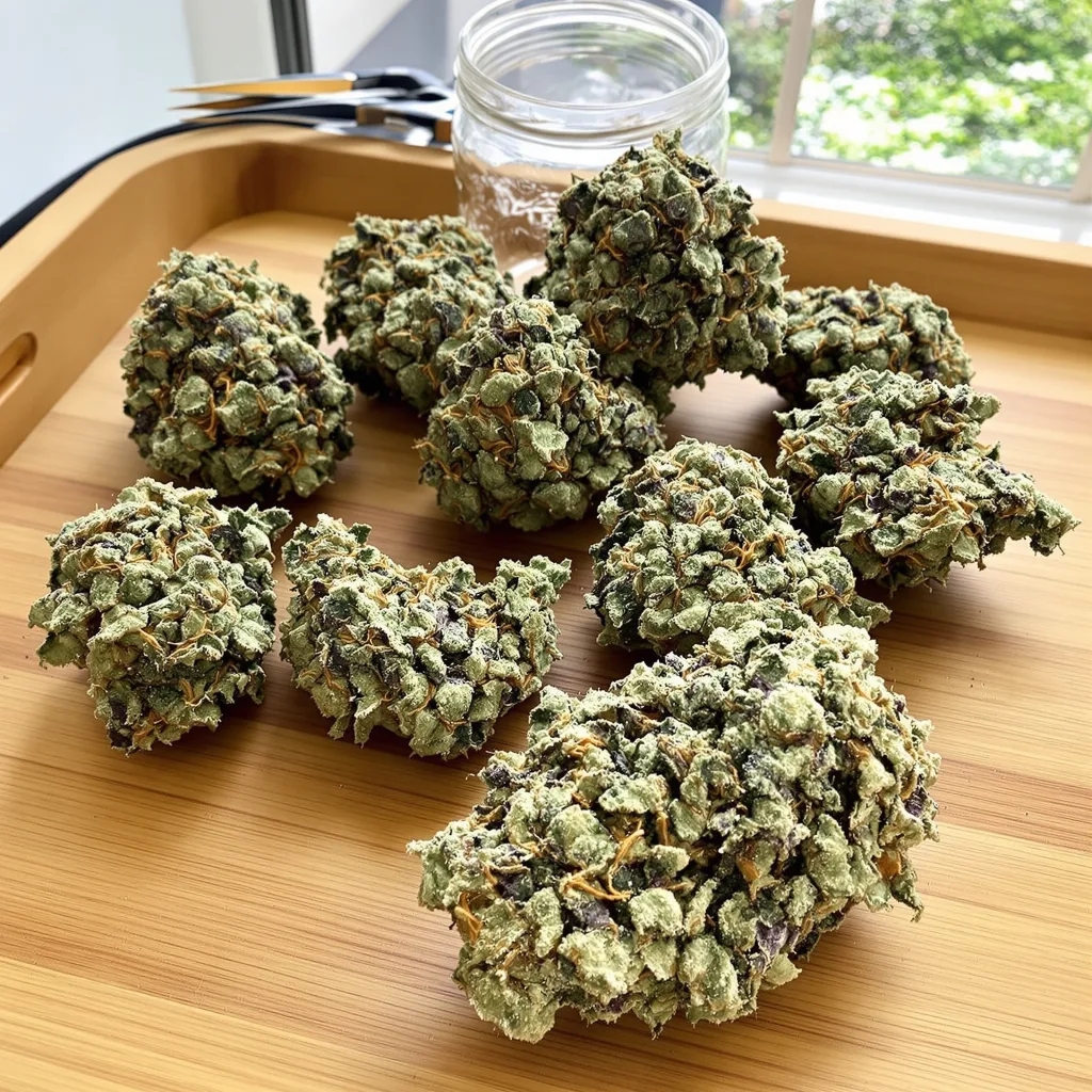 Blue Zushi 35% indica / 65% sativa flower with visible trichomes