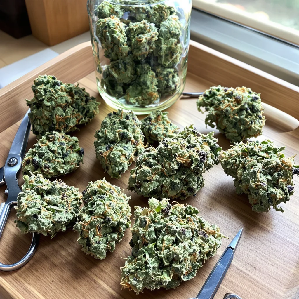 Blueberry AK 48% indica / 52% sativa flower with visible trichomes