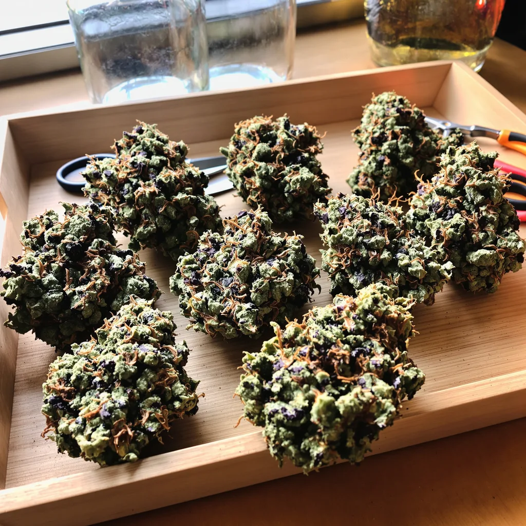 Blueberry Badazz OG 78% indica / 22% sativa flower with visible trichomes