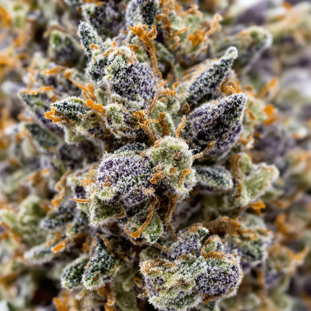 Blueberry Badazz OG cannabis bud close-up showing dense purple-tinged calyxes