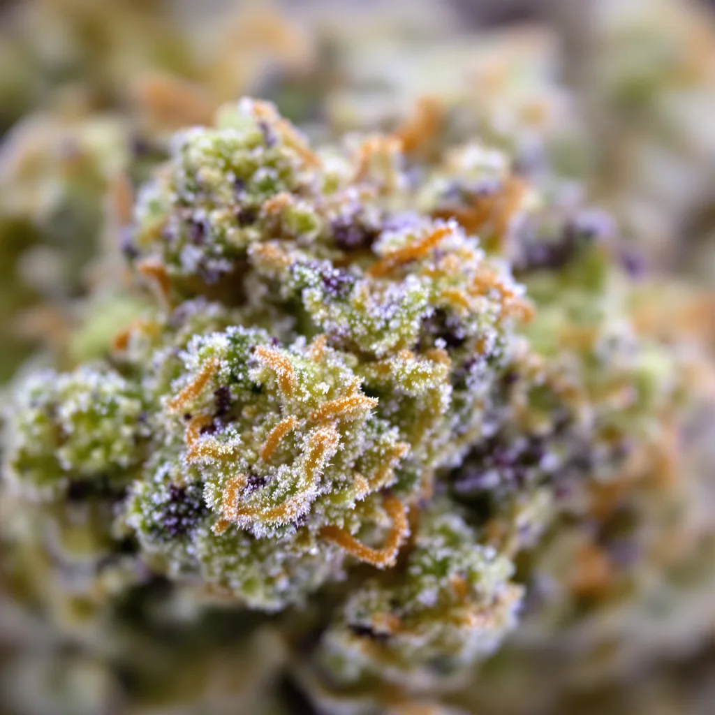 Blueberry Cheesecake cannabis bud close-up showing open-bud structure with orange pistils