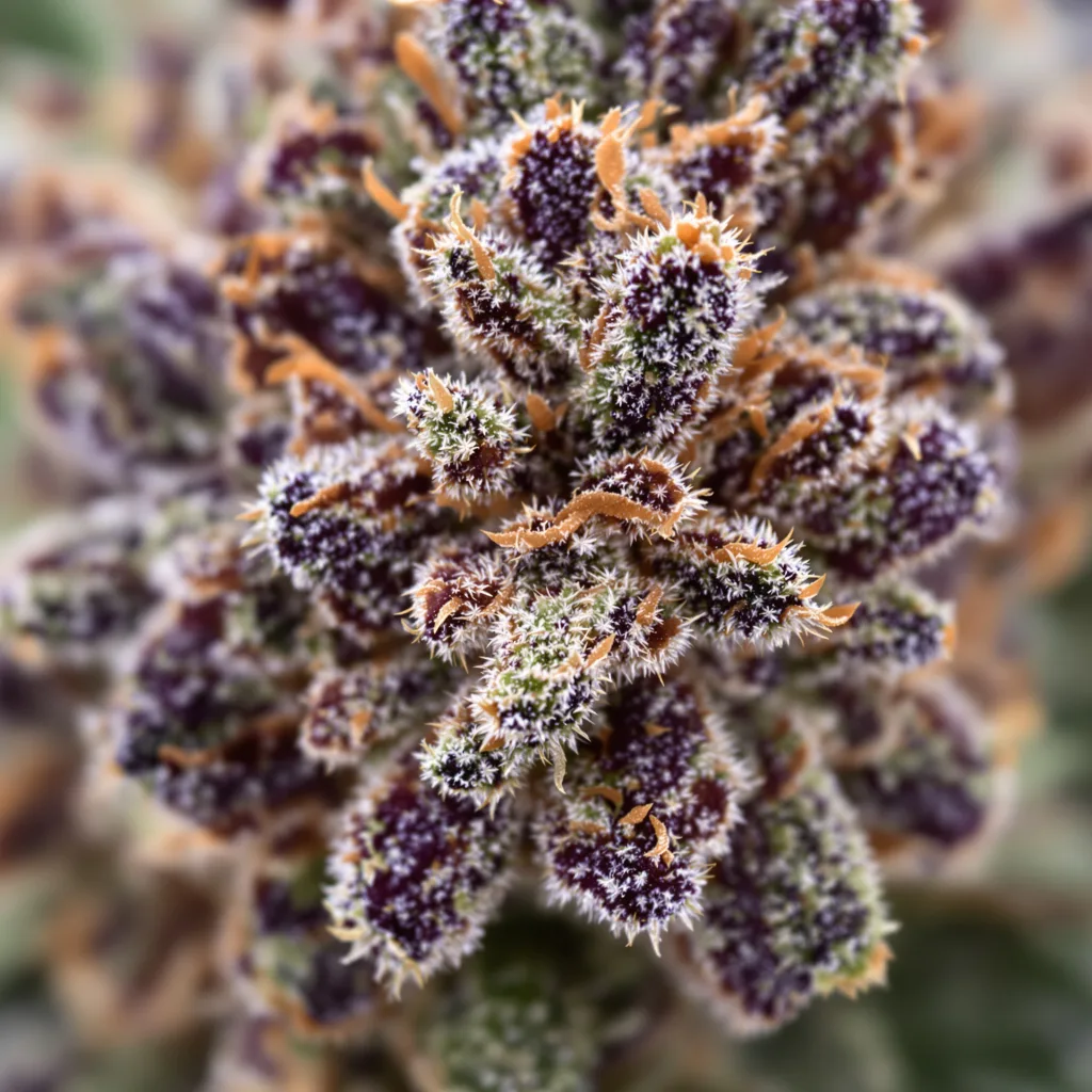 Blueberry Gusto cannabis bud close-up showing dense purple-tinged calyxes
