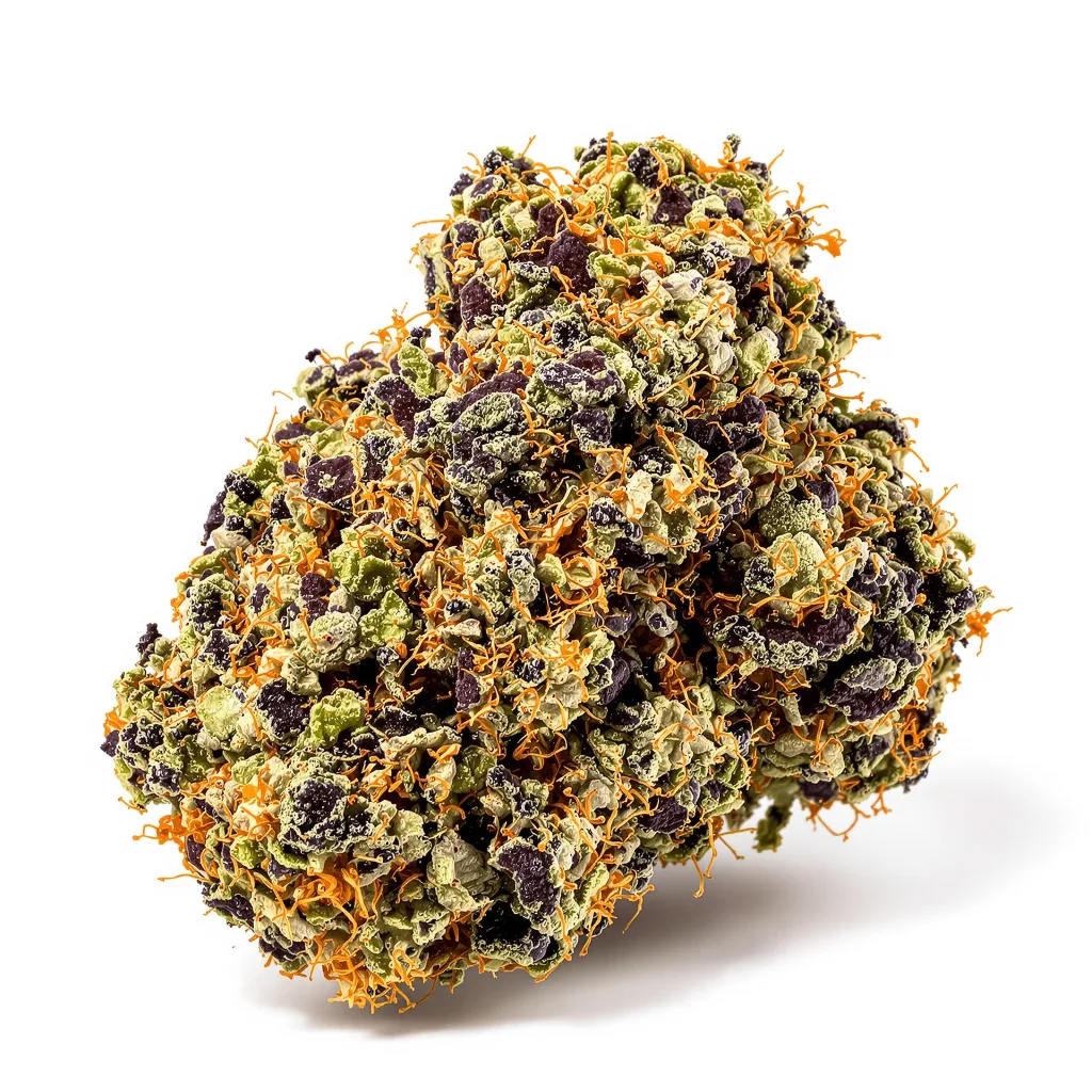 Blueberry Kush 80% indica / 20% sativa flower with visible trichomes