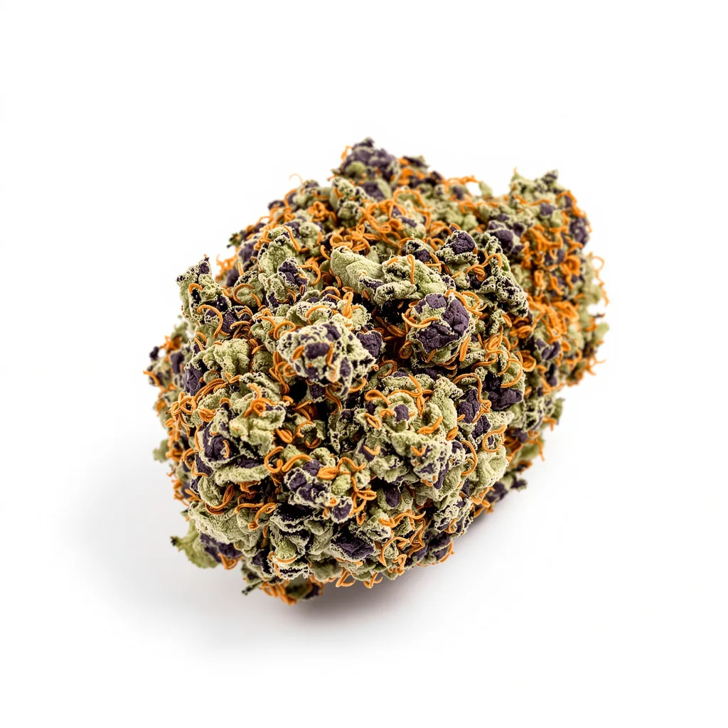 Blueberry Skunk 75% indica / 25% sativa flower with visible trichomes