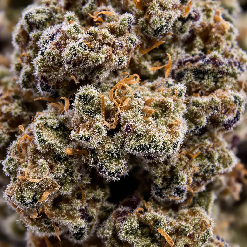 Blueberry Waltz cannabis bud close-up showing dense purple-tinged calyxes
