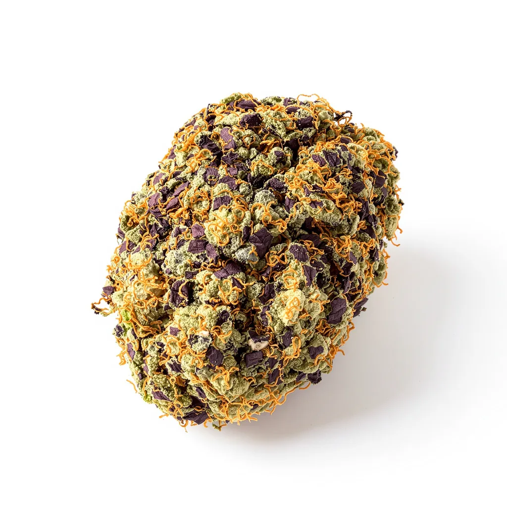 Blueberry Waltz 81% indica / 19% sativa flower with visible trichomes