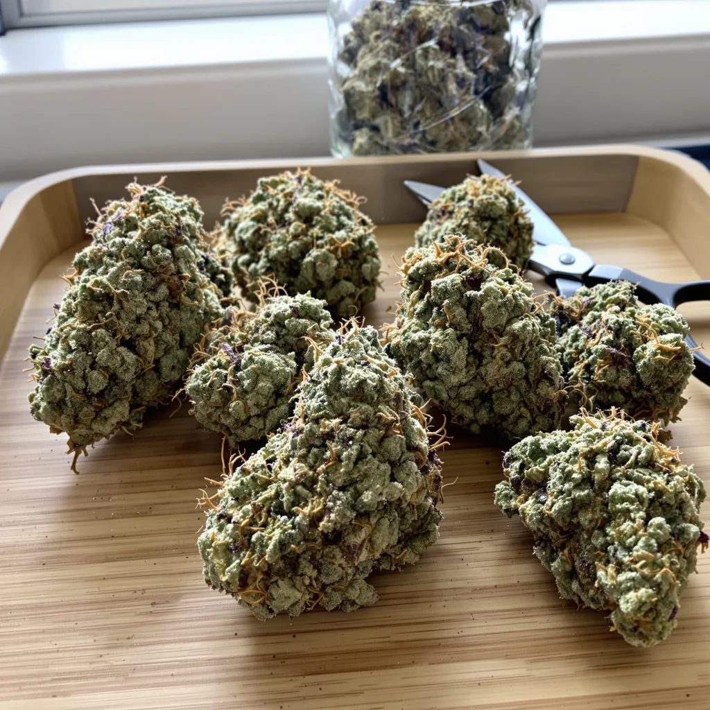 Blueberry Yum Yum 38% indica / 62% sativa flower with visible trichomes