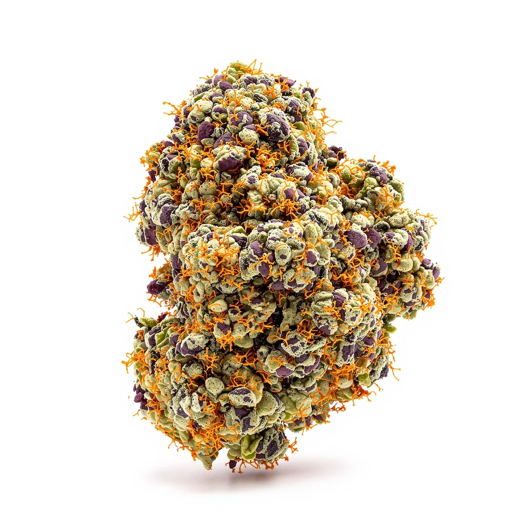 Brand X 74% indica / 26% sativa flower with visible trichomes