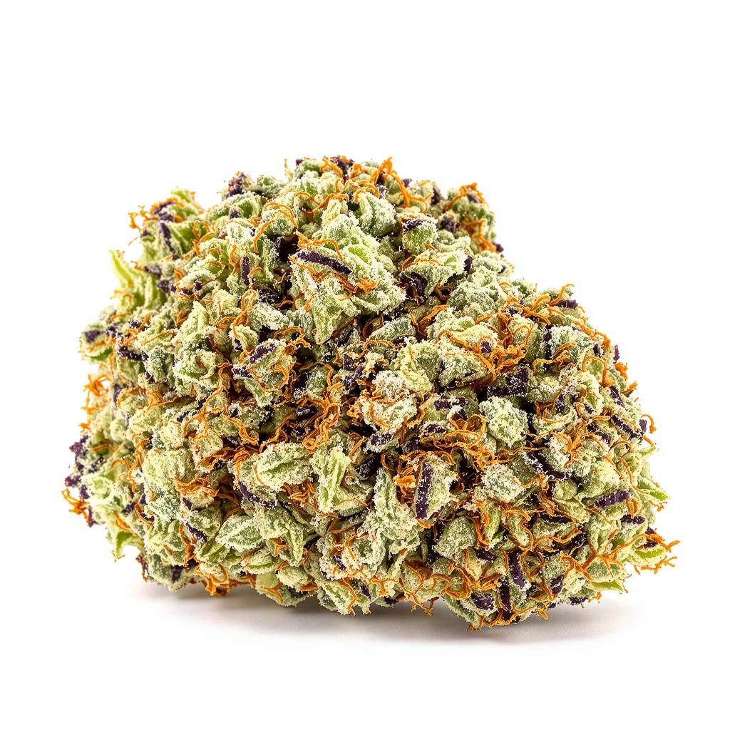 Bubba Tom Hayes 38% indica / 62% sativa flower with visible trichomes