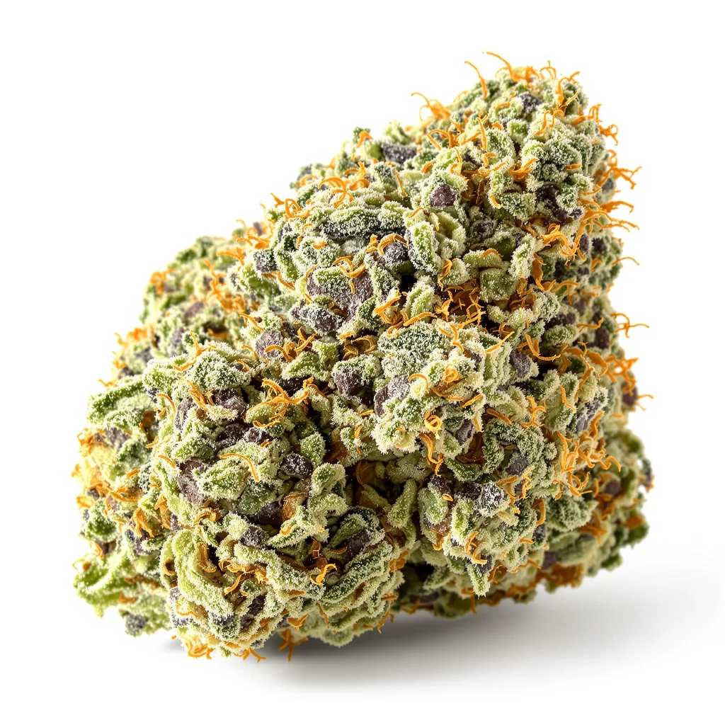 Bubbleberry 50% indica / 40% sativa flower with visible trichomes