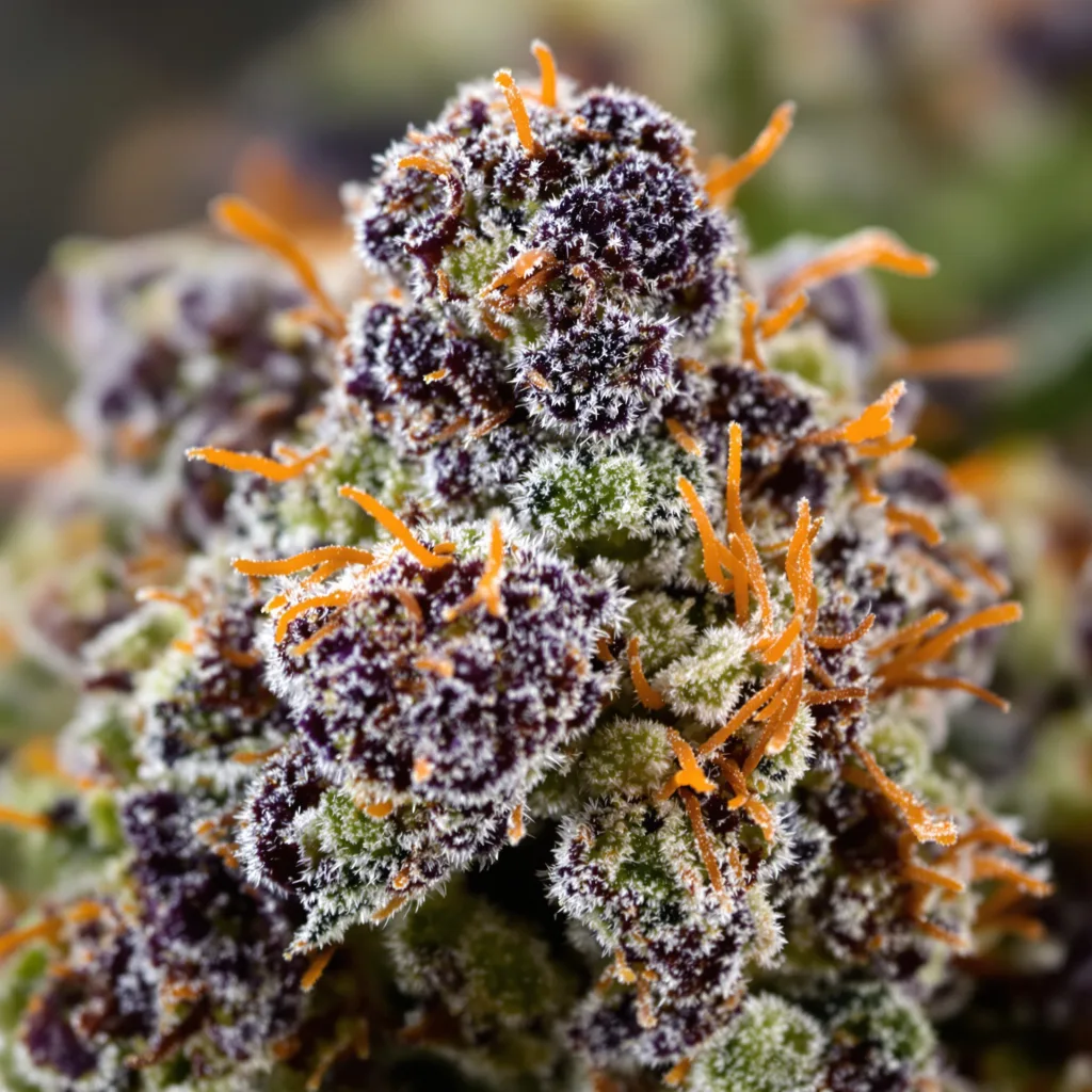 Buddha's Sister cannabis bud close-up showing dense purple-tinged calyxes