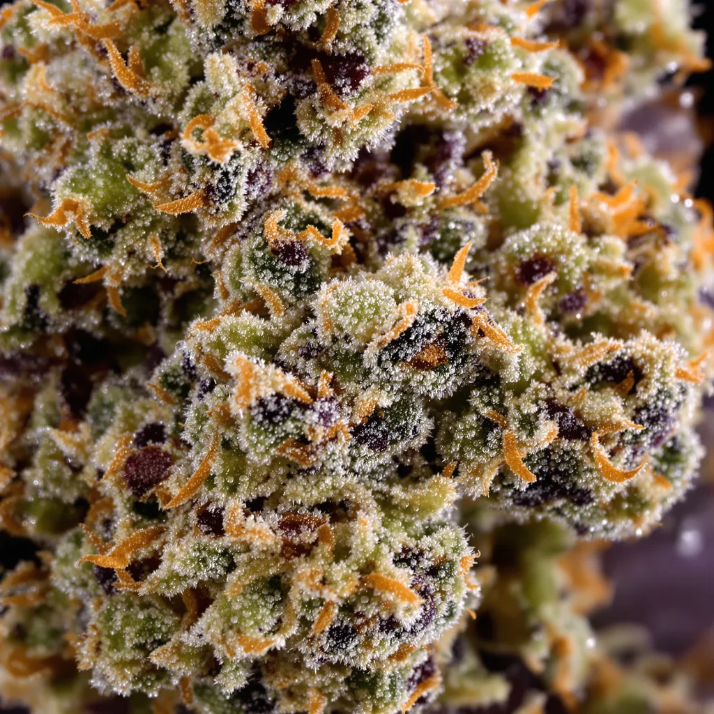 Buddha Tahoe cannabis bud close-up showing dense purple-tinged calyxes