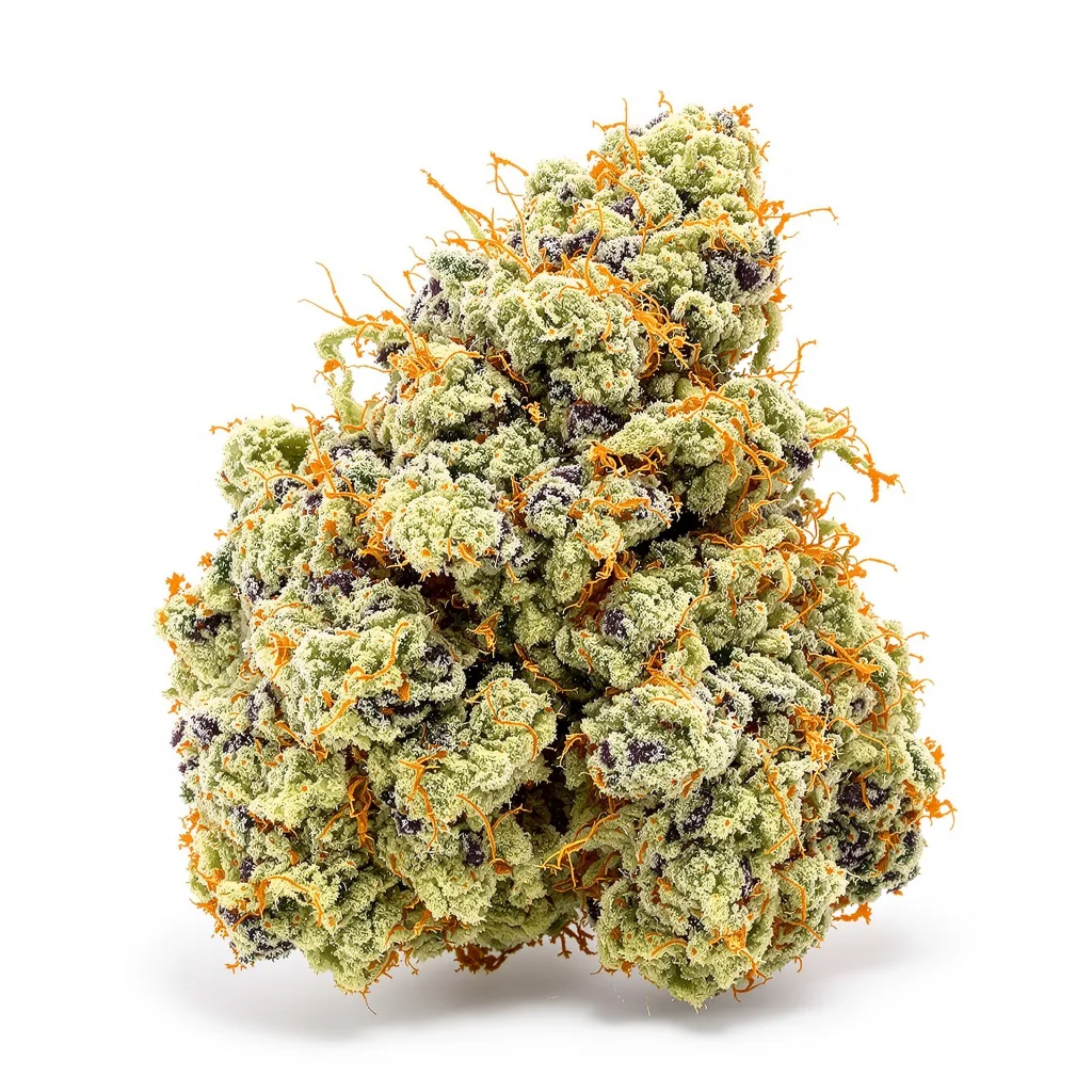 Bugatti 64% indica / 36% sativa flower with visible trichomes