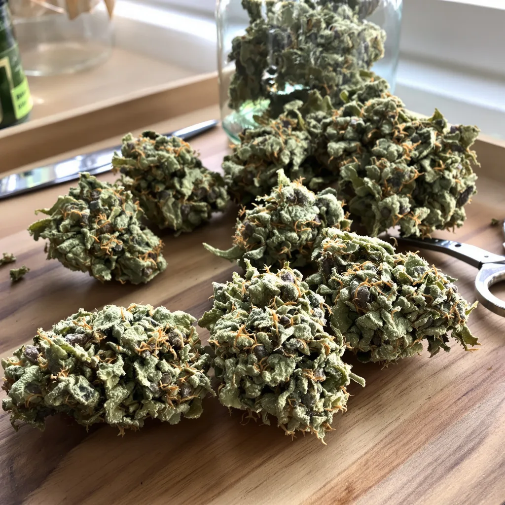 Burmese Kush 50% indica / 50% sativa flower with visible trichomes