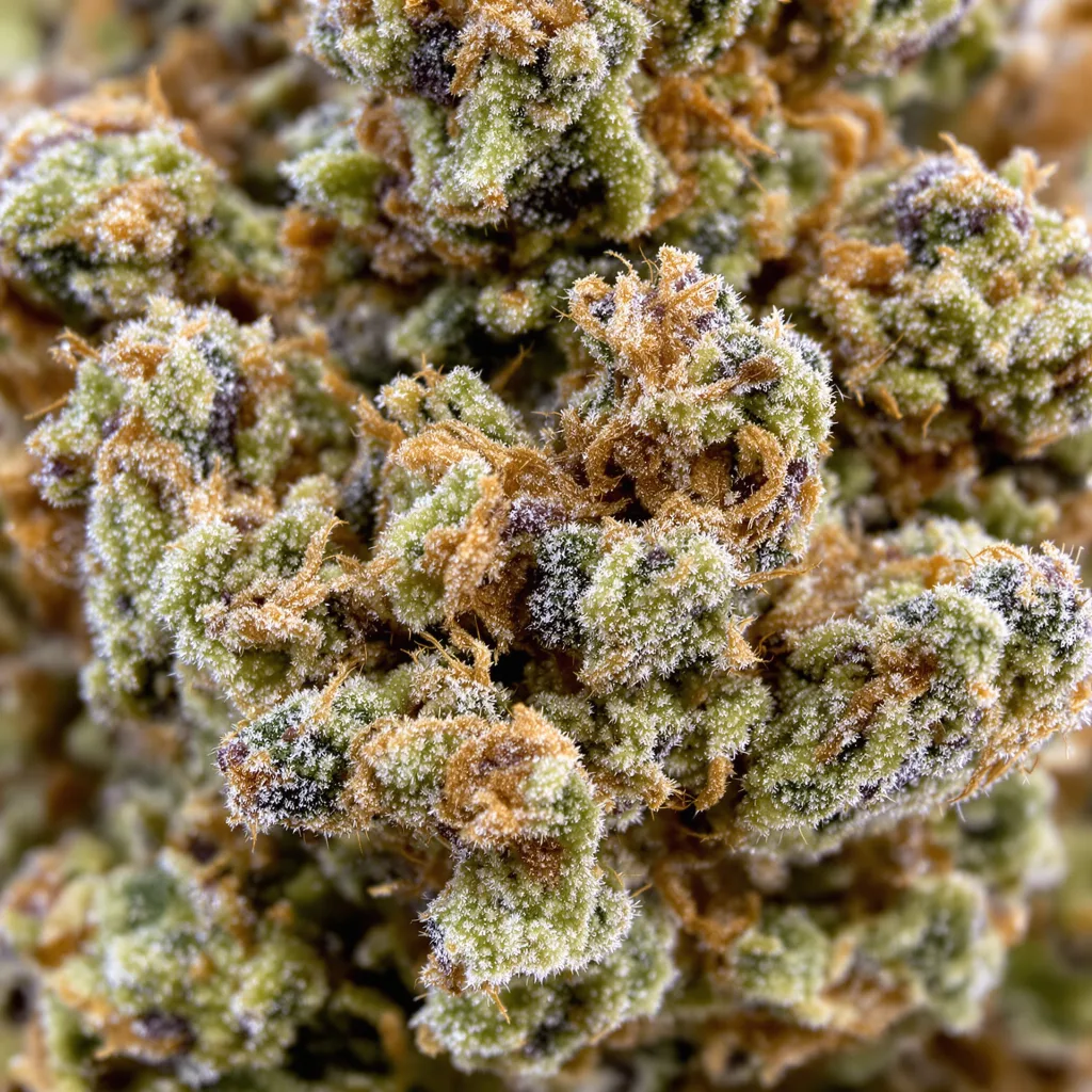 Burmese Kush cannabis bud close-up showing balanced bud structure with frosted trichomes
