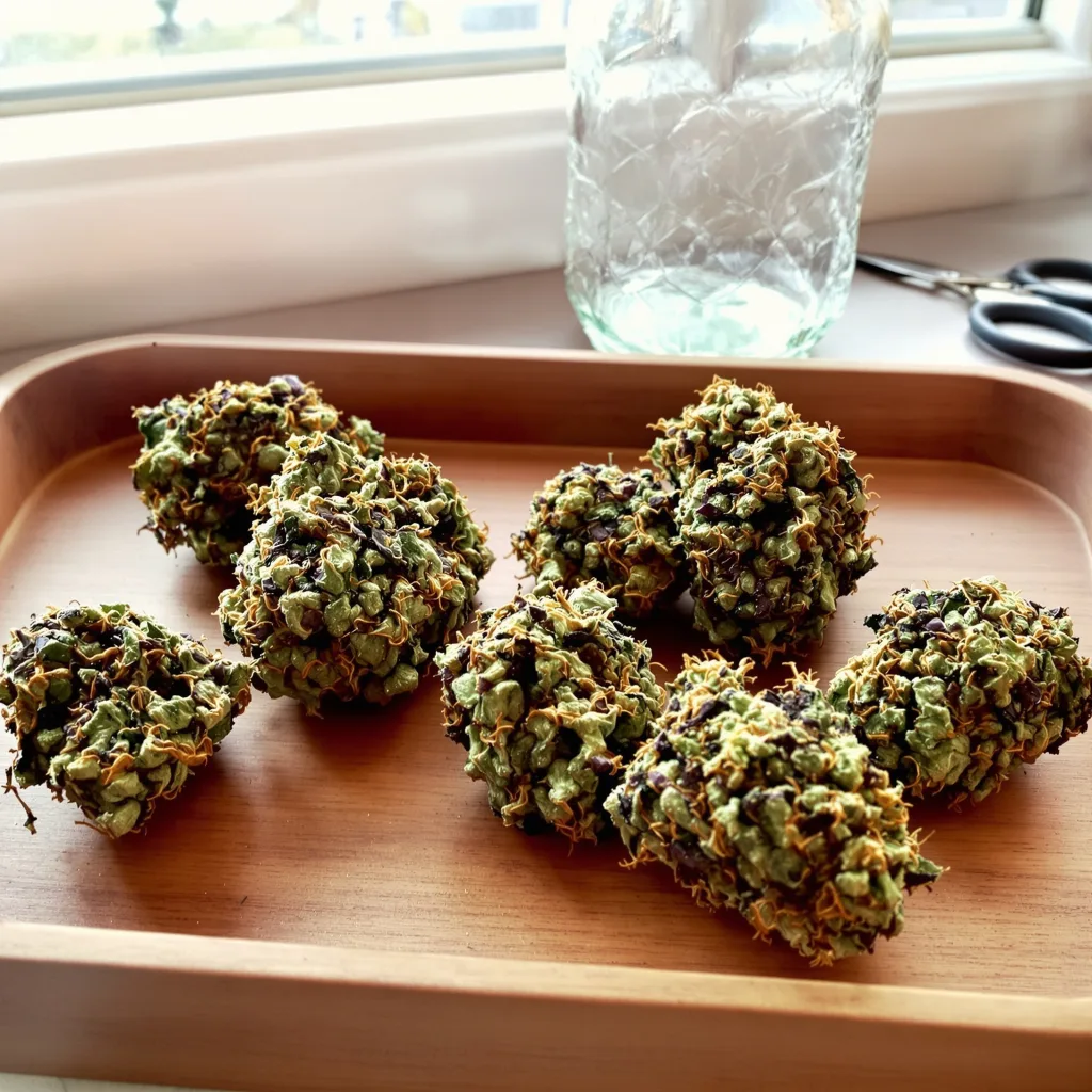 Butter OG 81% indica / 19% sativa flower with visible trichomes