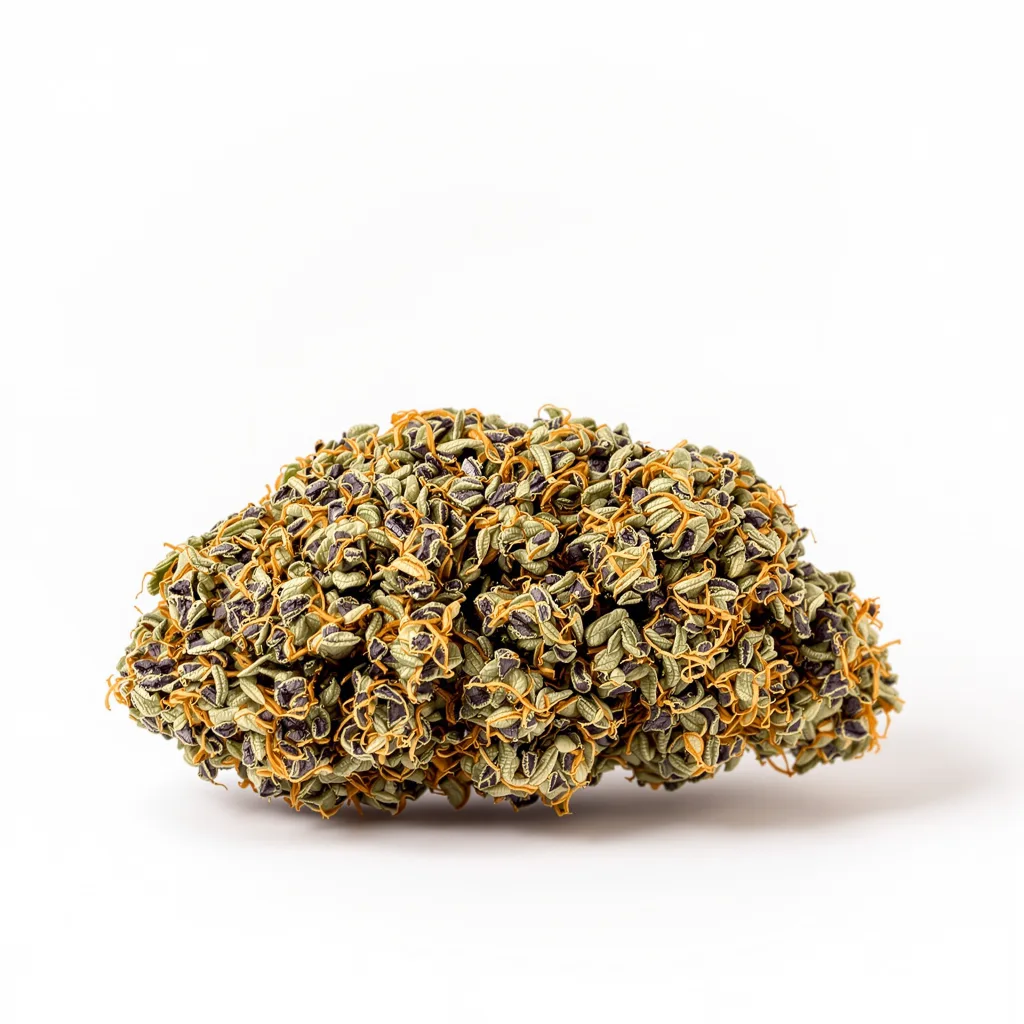 Caffeine Bomb 66% indica / 34% sativa flower with visible trichomes