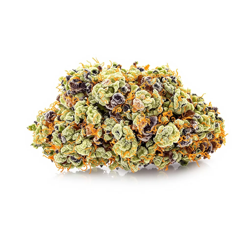 California Grapefruit 39% indica / 61% sativa flower with visible trichomes
