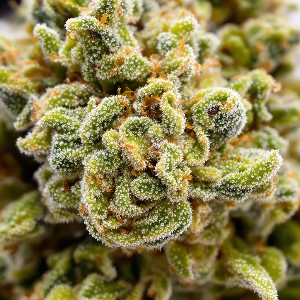 California Love cannabis bud close-up showing lime-green airy structure