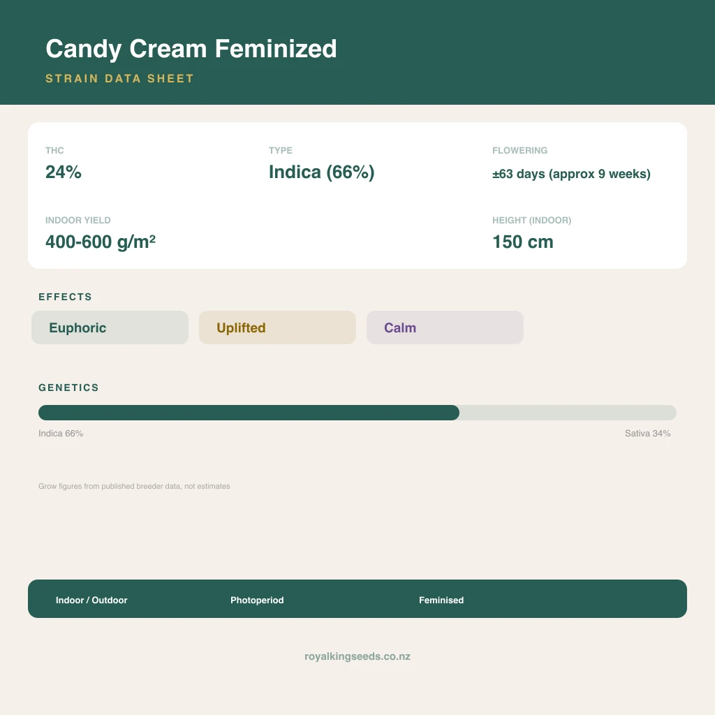 Candy Cream 66% indica / 34% sativa flower with visible trichomes