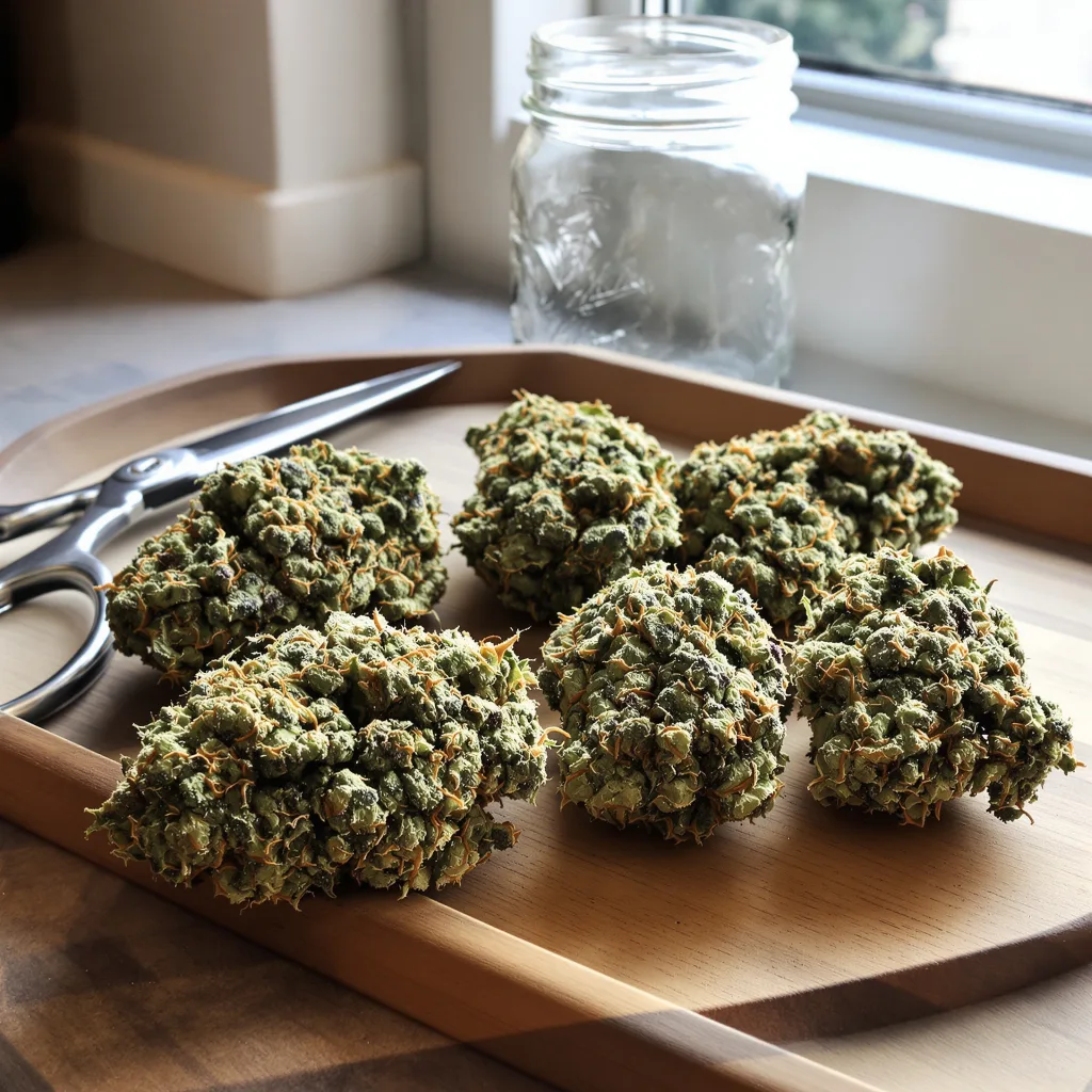 Cannalope Kush 25% indica / 65% sativa flower with visible trichomes