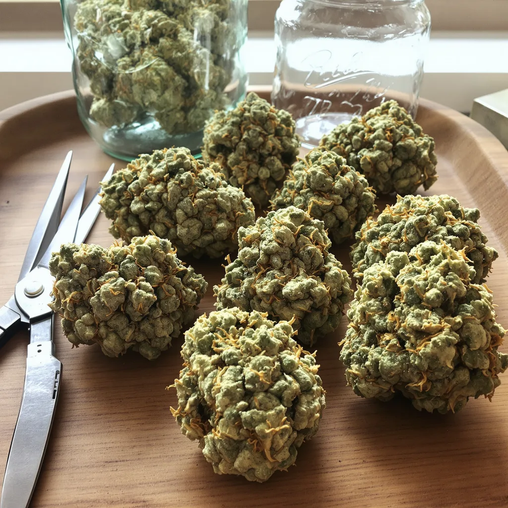 Cannatonic CBD 48% indica / 52% sativa flower with visible trichomes