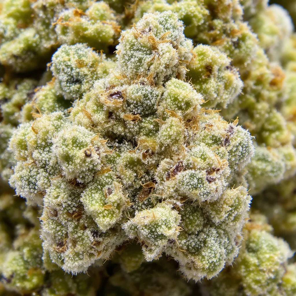 Cannatonic CBD cannabis bud close-up showing pale-green low-resin flower
