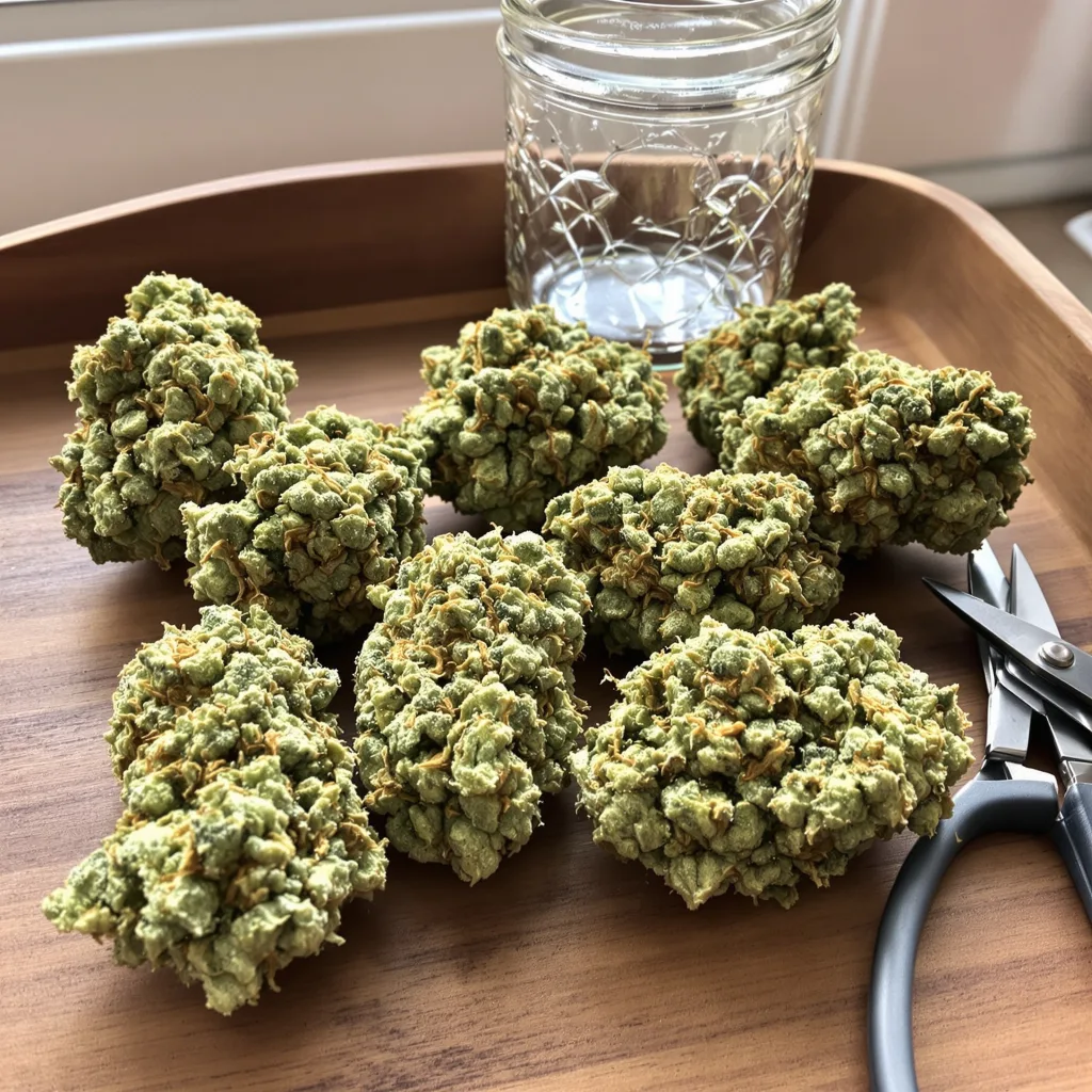 CBD Blue Shark 49% indica / 51% sativa flower with visible trichomes