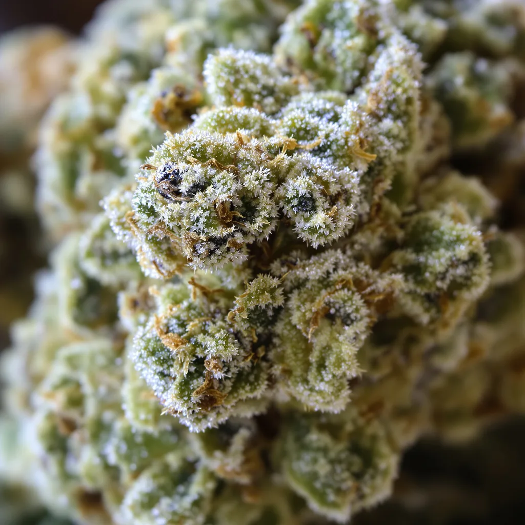 CBD Blue Shark cannabis bud close-up showing pale-green low-resin flower