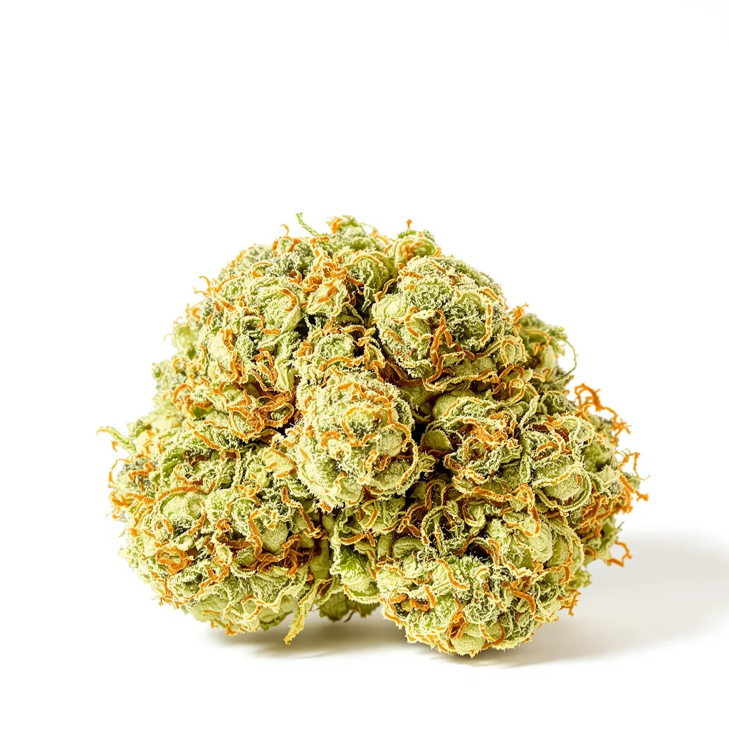 CBD Blueberry 46% indica / 54% sativa flower with visible trichomes