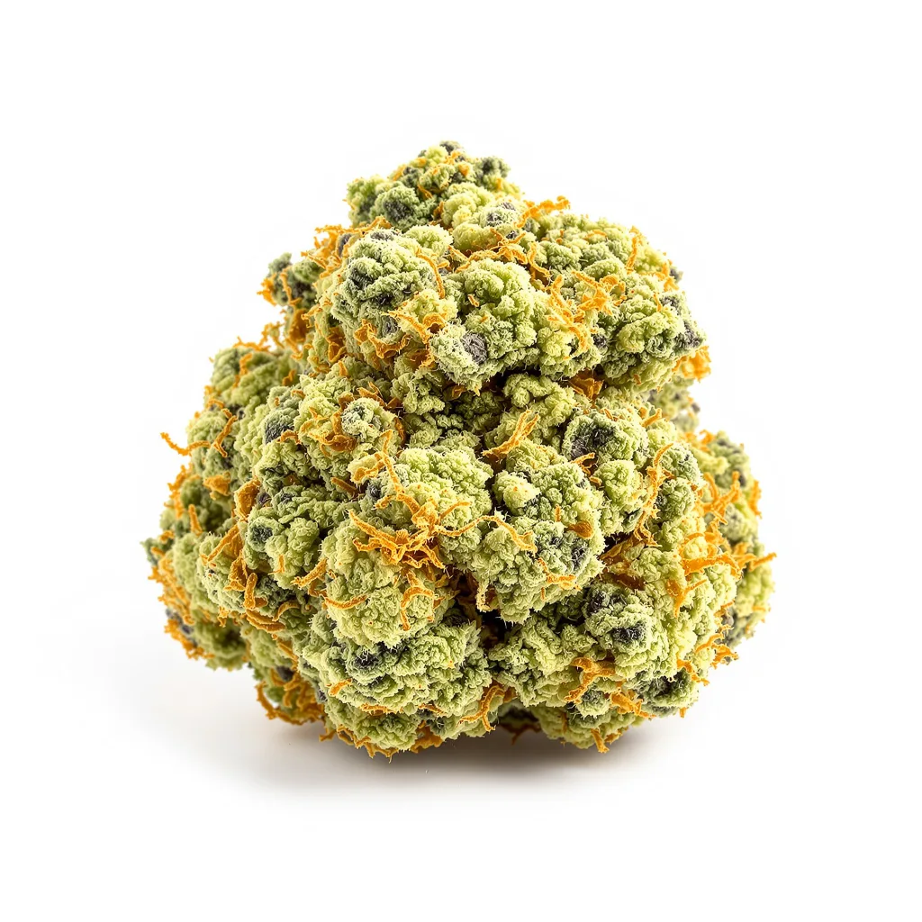 CBD Caramel 43% indica / 57% sativa flower with visible trichomes