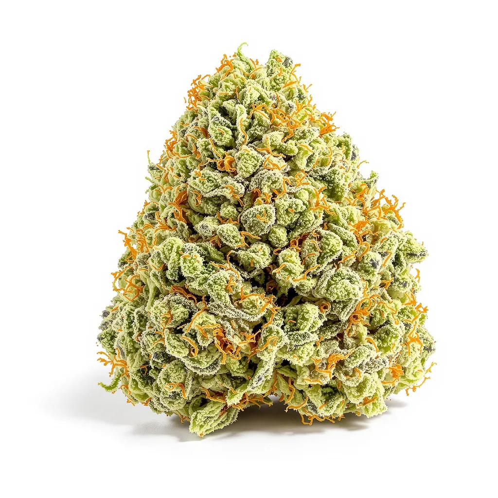 CBD Mango Haze 46% indica / 54% sativa flower with visible trichomes