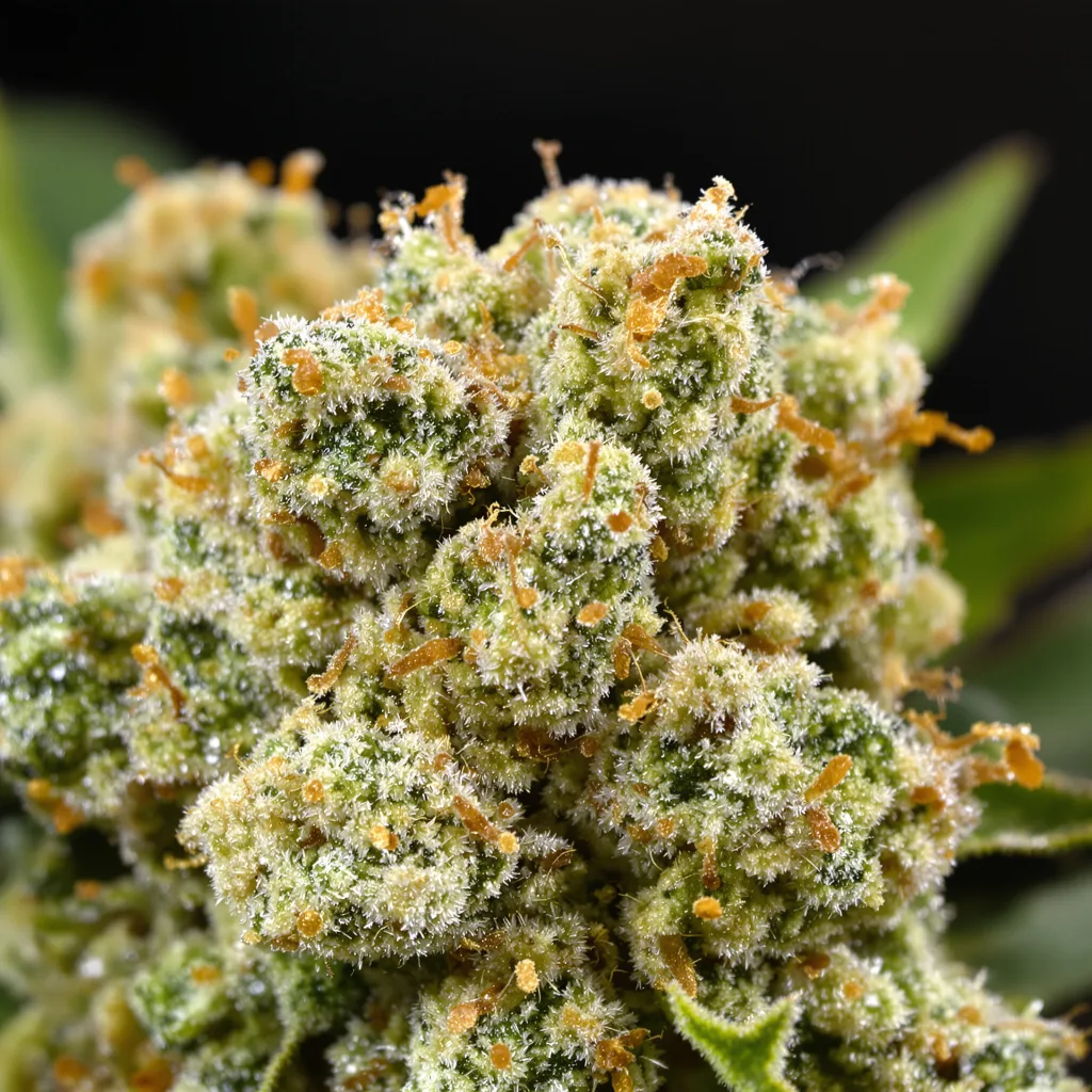 CBD OG Kush cannabis bud close-up showing pale-green low-resin flower