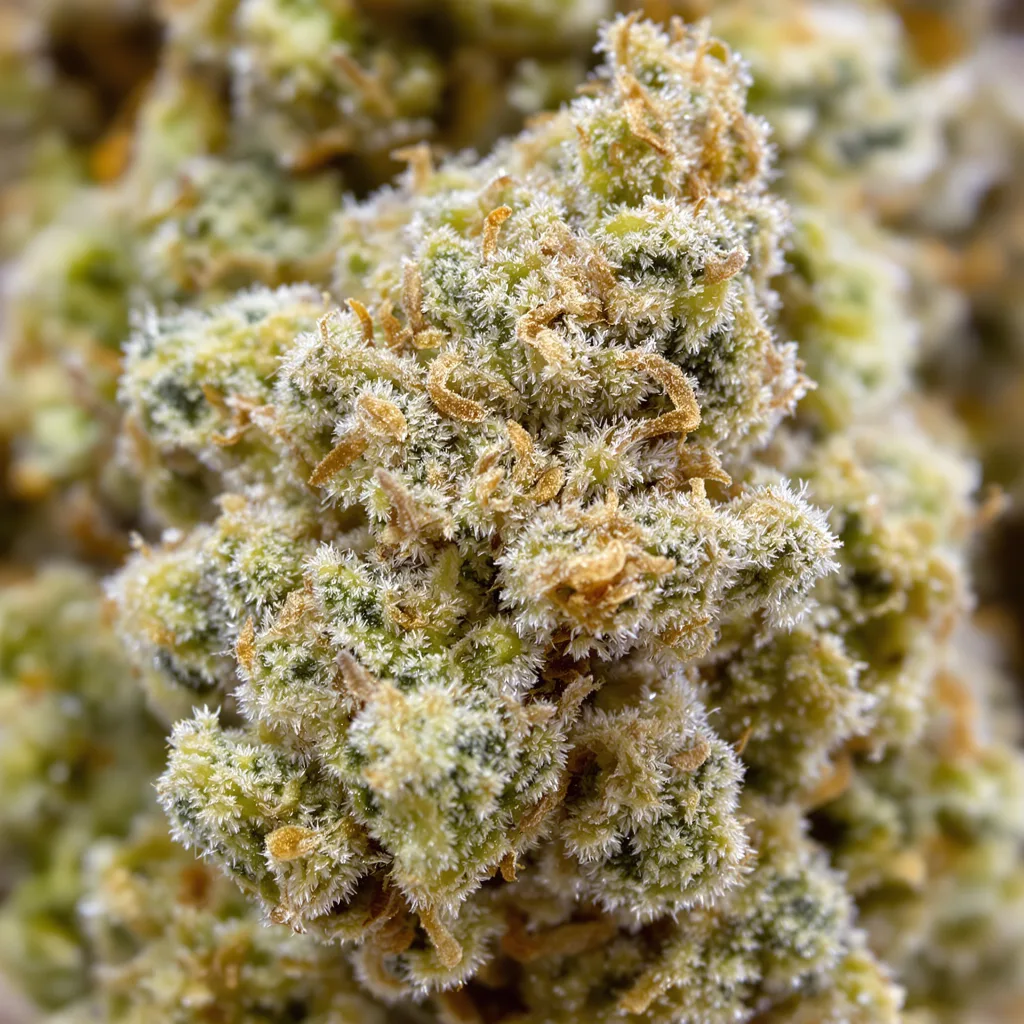CBD Sour Lemon cannabis bud close-up showing pale-green low-resin flower